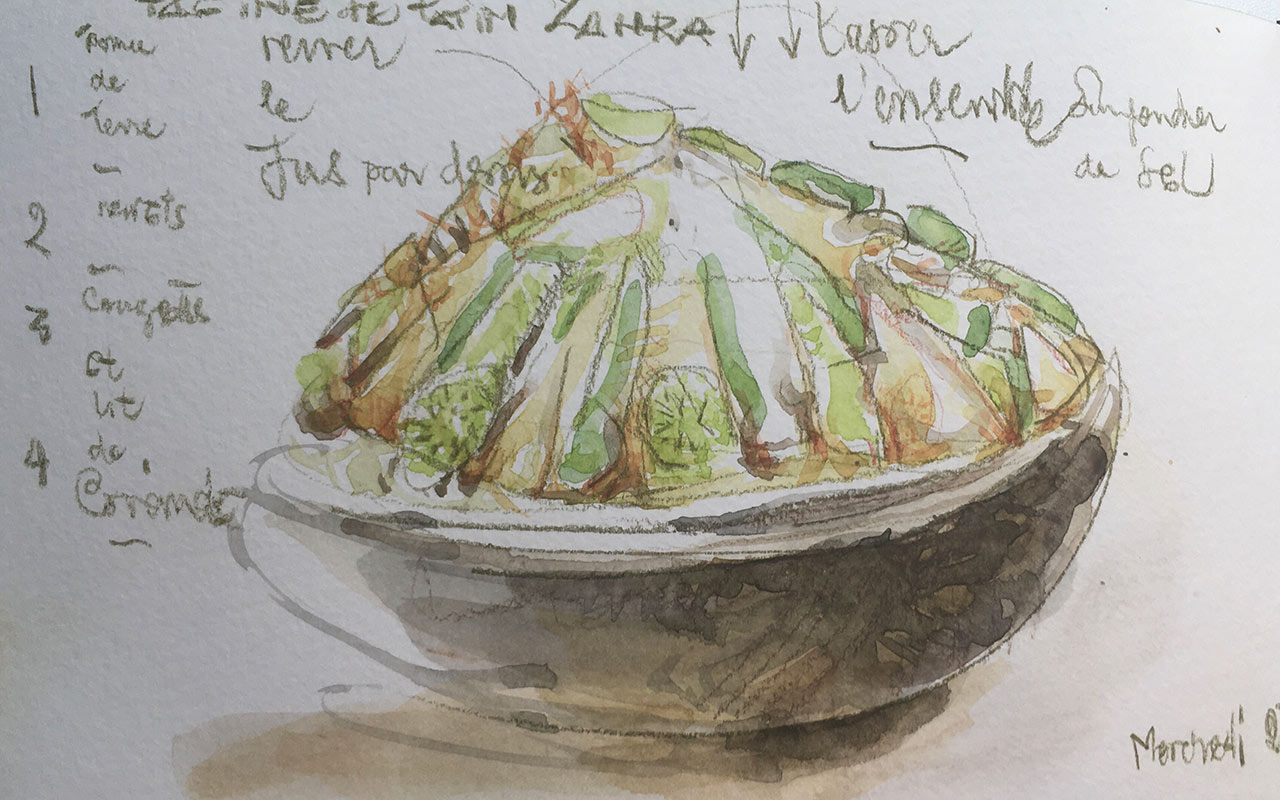 Aquarelle d'un plat de couscous